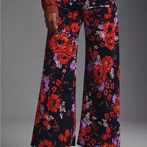 Like New Anthropologie Maeve Red and Purple Floral Velvet Wide-Leg Pants